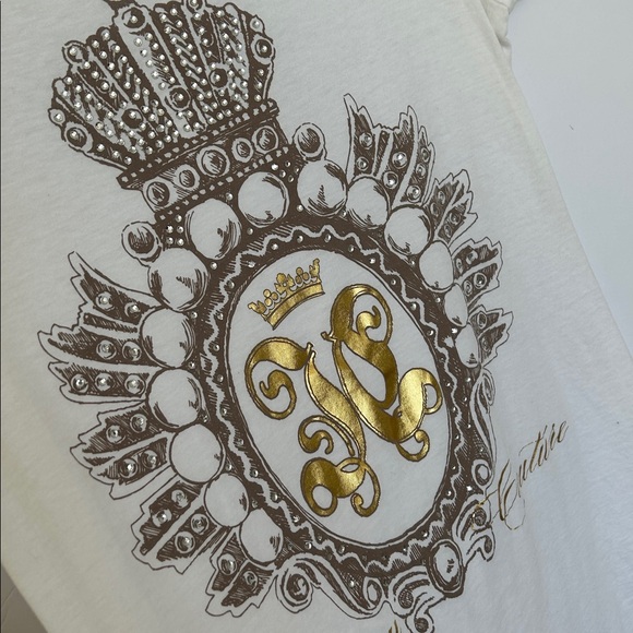 Vintage Juicy Couture White Tee with crystal bling crown & Gold Foil Emblem Y2k - Picture 4 of 17